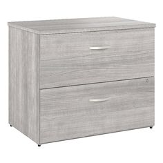 an office filing cabinet with two drawers in grey woodgrain and metal handles, viewed from the front