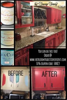 the before and after pictures of kitchen cabinets painted red with chalk paint on them,