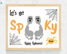 a halloween card with the words spooky and two little bears in front of spider webs