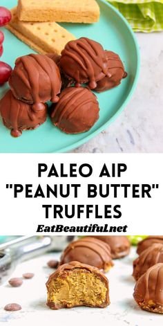 chocolate peanut butter truffles on a plate with the words paleo air peanut butter truffles