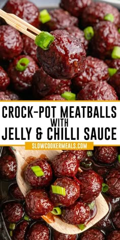 Close up of meatballs with grape jelly and chili sauce over a slow cooker being held by a toothpick and wooden spoon. Meatballs Crockpot Grape Jelly, Meatballs With Jelly, Grape Jelly Chili Sauce Meatballs, Heinz Chili Sauce Recipe, Meatballs Grape Jelly Chili Sauce, Best Crockpot Meatballs, Meatballs With Grape Jelly, Chili Sauce Meatballs, Grape Jelly Chili Sauce