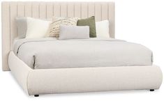 a bed with white linens and pillows on the headboard, in front of a white background