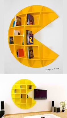 a yellow shelf with books on it in the shape of an arrow and a television