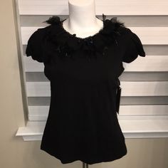 Xxicollection Black Top With Jewel And Feather Neckline Size M Nwt Black Top, Womens Tops, Women Shopping, Black, Color