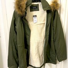 Large Hooded Coat, Green With Shearling Lining. Faux Fur Around Hood. Nwt Green Jacket With Fur, Green Fur Jacket, Cryptid Hunter, Green Fur Coat, Jacket With Fur Hood, Nerd Outfits