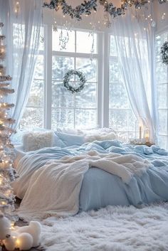 a bedroom decorated for christmas with lights on the windowsill and white fur rugs