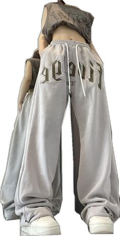 White Hip Hop Sweatpants For Loungewear, Gray Baggy Sweatpants For Leisure, White Wide Leg Gym Bottoms, White Wide-leg Gym Bottoms, Hip Hop Style Wide Leg Sweatpants For Leisure, Hip Hop Wide Leg Sweatpants For Leisure, Baggy Wide-leg Sportswear Sweatpants, Baggy Wide-leg Sweatpants, Gray Baggy Hip Hop Sweatpants