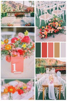 a collage of photos with flowers and chairs in them, including the table number one