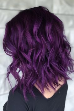 42+ Stunning Midnight Purple Hair Ideas Long Bob Purple Hair, Dark Purple Shoulder Length Hair, Purple Dipped Hair, Deep Purple Curly Hair, Short Purple Hair Ideas, Colours That Go With Purple, Black Roots Purple Hair, Short Plum Hair, Dark Red And Purple Hair