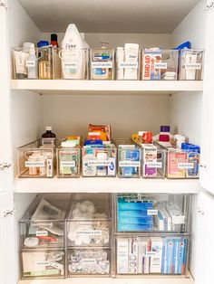 an organized pantry with all kinds of medicine and other medical supplies on the shelve