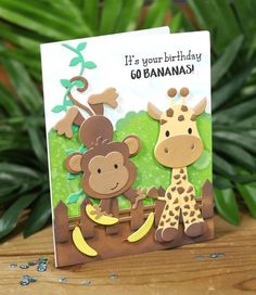 a birthday card with two monkeys and a giraffe on it, sitting next to a plant