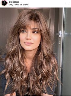 Bardot Bangs, Brunette Balayage Hair, Long Bangs, Balayage Brunette, Long Wavy Hair, Haircuts For Long Hair, Hair Inspiration Color, Long Layers