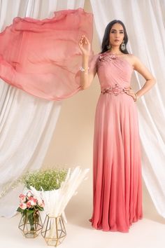 Silky Bindra-Ombre Dusty Pink Georgette Gown-INDIASPOPUP.COM Sangjit Backdrop, Dusty Pink Gown, Applique Patchwork, Farewell Dresses, Ombre Gown, Drape Gown, Ombré Dress, Full Gown, Georgette Gown