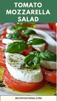 tomato, mozzarella and basil salad on a plate with text overlay that reads