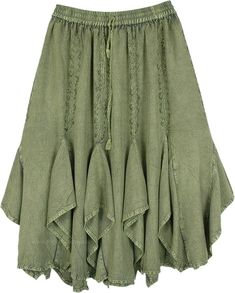 Stonewashed Olive Green western skirt with embroidery with gores at the hem. This rayon skirt has a great fall with an elastic waist and its free-flowing around hips for a comfortable fit. The embroidery is on the front as well as the back. The skirt is a distinct reminder of the old-time western skirts with a hint of the Renaissance. Ideal to wear at work or out in the evening, dress up or down with accessories. The skirt can be worn with a camisole or corset top and goes well with boots. Green Layered Skirt, Renfair Outfits, Roblox Skirts, Jewish Fashion, Moana Jr, Goblincore Fashion, Skirt With Embroidery, Teal Skirt, Western Skirts