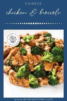 chicken and broccoli stir fry on a plate with the words chinese chicken and broccoli