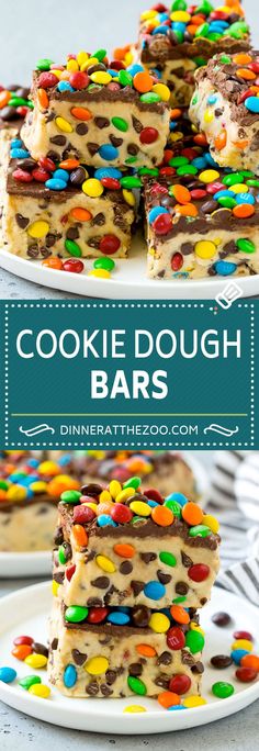 cookie dough bars on a white plate with the title above it and an image overlay