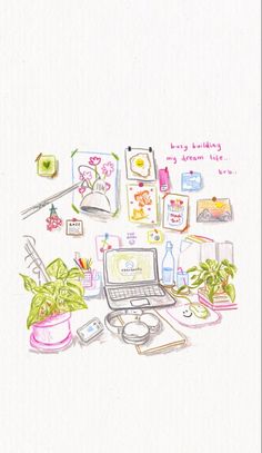 a drawing of a laptop computer sitting on top of a desk next to a potted plant