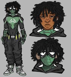 the green lantern character is shown in three different poses, including one with dreadlocks and