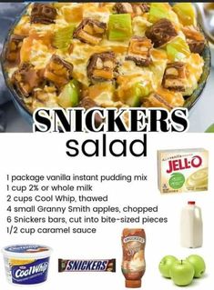 an advertisement for snacks salad with apples and other ingredients on it, including milk, yogurt, sour cream, caramels, apple slices,