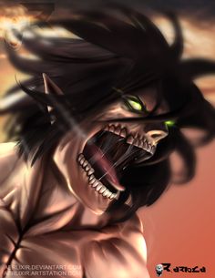 an animated image of a demon with green eyes and fangs on his face, in front of the sky