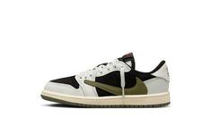 The Travis Scott x Air Jordan 1 Low PS “Olive" is the preschool sizing of the popular collaboration by the hip-hop star on the women’s version of the classic sneaker.  Travis Scott’s Women’s Jordan 1 Low “Olive” succeeds Travis’s other desirable Air Jordan 1 collaborations that date back to 2019.  The “Olive” is reminiscent of his Jordan 1 Low “Reverse Mocha” release, in that it features a similar neutral-colored base with contrasting white leather overlays.  The “Olive” features a black base wi Jordan Sb Dunk Low, Air Jordan Travis Scott, Jordan Travis Scott, Olive Shoes, Jordan Shop, White Balenciaga, Cheap Sneakers, Sb Dunk Low, Balenciaga Shoes