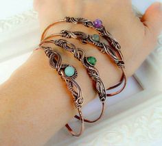 Crystal Jewelry Diy, Bracelets Crystal, Wire Wrapped Stone Jewelry, Copper Wire Jewelry, Copper Cuff Bracelet