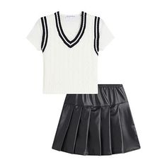 This Knit Works 3-piece set is deigned to keep your big girl's wardrobe stylish and right on trend. It features a combined t-shirt and knit varsity-style sweater vest and a pull-on faux leather pleated skirt complete with a comfortable elastic-waistband. Pair it with lace-up ankle boots or Mary Jane shoes.# Pieces In Set: 31st Piece Description: Vest1st Piece Apparel Length: 18 Inches1st Piece Fabric: Knit1st Piece Fiber Content: 100% Acrylic1st Piece Care: Dry Flat, Machine Wash2nd Piece Descri Faux Leather Pleated Skirt, Leather Pleated Skirt, Varsity Style, Skirts For Kids, Small Clothes, Large Clothes, Skirt Sets, Style Sweater, Girls Wardrobe