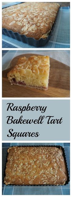 raspberry bakewell tart squares are shown in three different pictures, one is