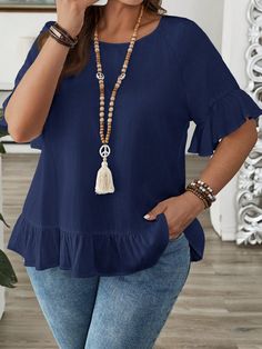 Plus Size Casual Solid Color Ruffle Hem Blouse Navy Blue Casual  Short Sleeve Woven Fabric Plain Top Non-Stretch  Women Plus Clothing, size features are:Bust: ,Length: ,Sleeve Length: Ruffle Hem Blouse, Shirred Dress, Plus Size Cardigans, Hem Blouse, Long Sleeve Tops Casual, Floral Print Shirt, Plain Tops, Kids Sleepwear, Plus Size Blouses