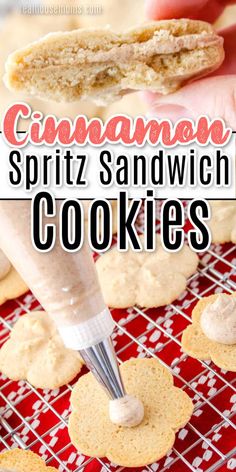 someone is making cookies with the words cinnamon spritz sandwich cookies