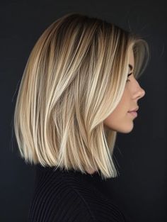 Lob On Straight Hair, Medium Length Graduated Bob, Long Bob No Layers Straight, Fall Blonde Partial Highlight, Angles Long Bob, On Shoulder Haircut, Blonde Lob Hair Straight, Straight Bob With Side Part, Lob Haircut Before And After