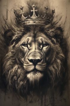 a lion with a crown on top of it's head, in black and white