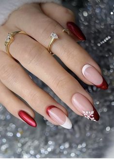 Red French Tip Christmas Nails With Snowflake, Red Chrome Nails Acrylic, Red With White Nails, Christmas Nails Red Designs, Red French Tip Nails With Snowflakes, Red And White Chrome Nails, Red Nail Styles, Almond Red Nails Design, Red French Christmas Nails