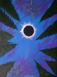 an artistic painting with trees and a black hole in the center, surrounded by blue sky