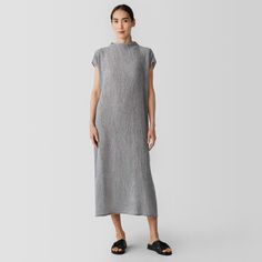 An elegant funnel neck dress that lets you play with the shape. With side slits and an adjustable drawstring at the waist, in a fluid weave with finely gathered texture. Made in a Fair Trade Certified™ factory. Eileen Fisher Dress, Textured Dress, Funnel Neck, Dress Clothes For Women, Eileen Fisher, Funnel, Shopping List, Fair Trade, Cap Sleeves