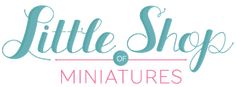 the little shop miniatures logo is shown in pink and blue letters on a white background