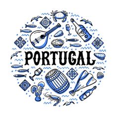 the word portugal surrounded by various hand drawn items in a circle on a white background