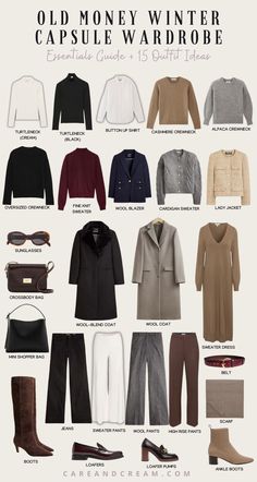 Old Money Winter Capsule Wardrobe + 15 Outfit Ideas Winter Fashion Old Money, Winter Outfits Must Haves, Old Money Basics Clothes Winter, Winter Style Inspo Aesthetic, Old Money Style Outfits Winter, Winter Outfits Essentials, Old Money For Winter, Winter Clothes List, Old Money Winter Women