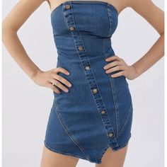 Questions? Leave A Comment Below! Trendy Denim Blue Mini Dress For Date Night, Medium Wash Denim Mini Dress, Trendy Blue Mini Length Denim Dress, Chic Blue Denim Mini Dress, Trendy Blue Mini Denim Dress, Trendy Denim Mini Dress With Buttons, Blue Denim Mini Dress, Trendy Blue Knee-length Denim Dress, Trendy Denim Blue Dress For Date Night