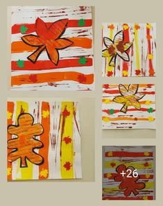 four different paintings with leaves on them and numbers in the middle one is made from strips of paper