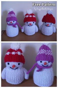 three knitted snowmen with hats and scarfs, one is holding a string