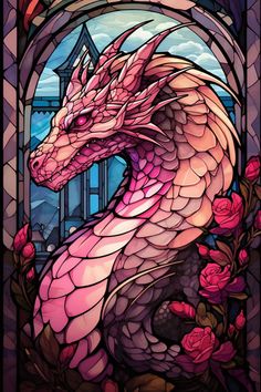 a stained glass window with a pink dragon in it's body and flowers on the outside