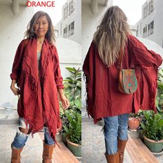 Handmade boho stone wash fringe duster. 100% cotton. color ORANGE. 2 Pockets in the front. There is a big size coconut button so can be worn 2 different ways open style Or wrap in the front. Color 2 tone of green. Measurements: One size fit all. Length 35 inches. Sleeve length 23 inches. CARE: machine wash cold.Machine wash cold.Machine wash cold. .These kimono are made from Raw Cotton- In the process of making these kimono the cotton has to be washed and processed before it lands in its comfort Kimono Boho, Fringe Kimono, Boho Cardigan, Fringe Jacket, Cover Ups, Refashion Clothes, Handmade Boho, Color 2, Kimonos