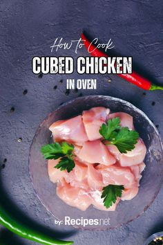 how to cook cubed chicken in oven recipe on a plate with peppers and seasoning