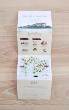 the inside of a wedding card with an island in the middle and trees on it