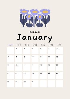 a calendar with flowers on it and the date for january in blue, yellow and white