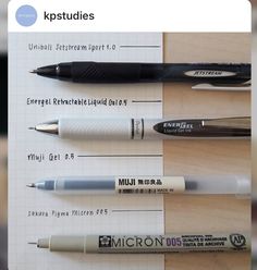 four pens are lined up on top of a piece of paper with the names of them