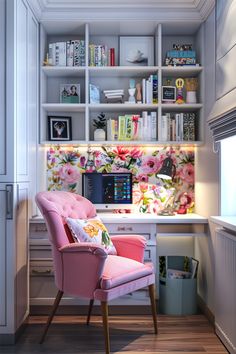 a pink chair sitting in front of a computer desk