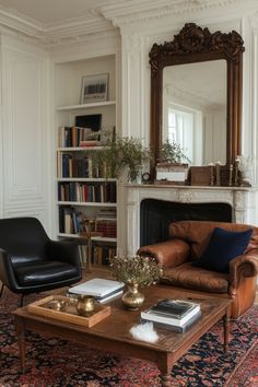 a living room filled with furniture and a fire place in front of a mirror on the wall